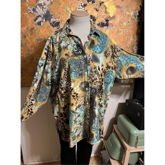 Tianello SS Christina Button Front Blouse Tencel Blend W/ Mixed Earthtone Patter - Picture 1 of 9